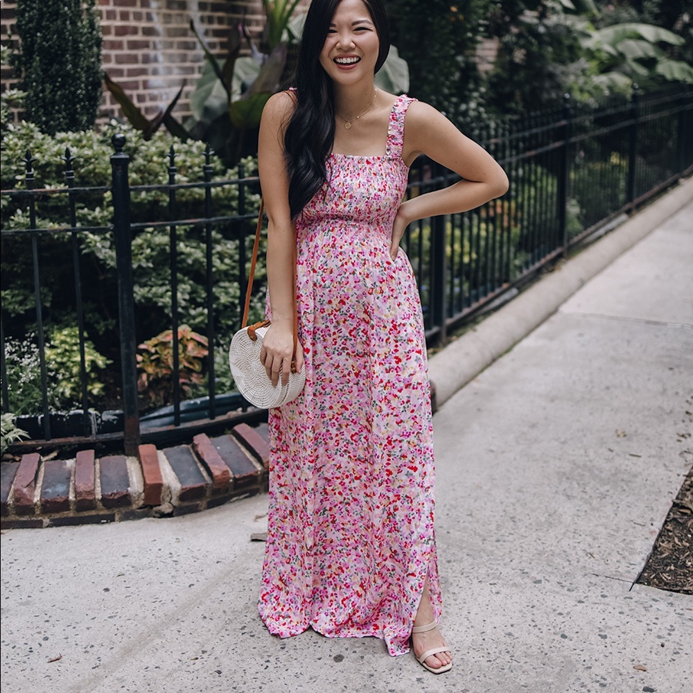 Pink floral smocked maxi dress